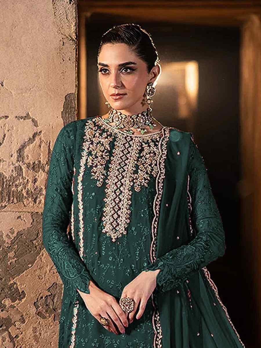Teal Blue Faux Georgette Embroidered Festival Wedding Pant Salwar Kameez