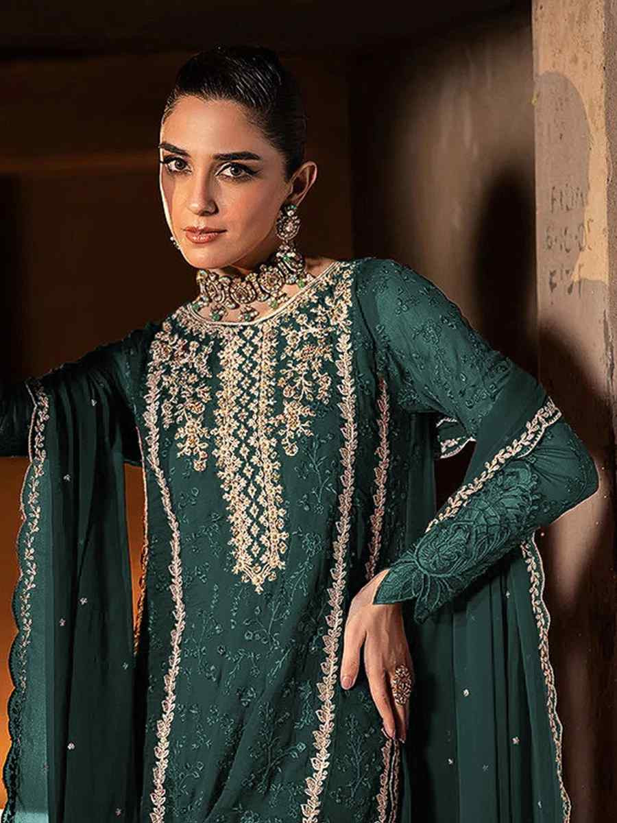 Teal Blue Faux Georgette Embroidered Festival Wedding Pant Salwar Kameez
