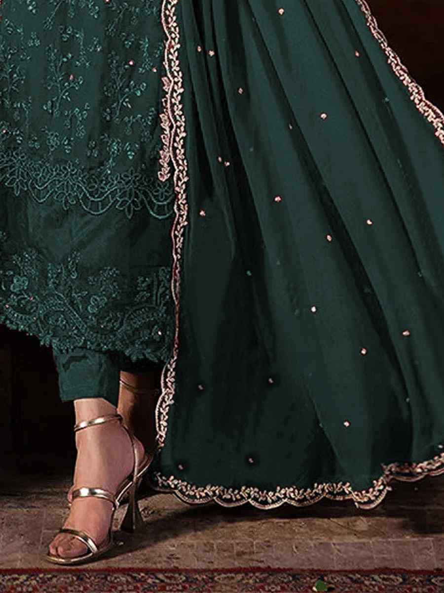 Teal Blue Faux Georgette Embroidered Festival Wedding Pant Salwar Kameez