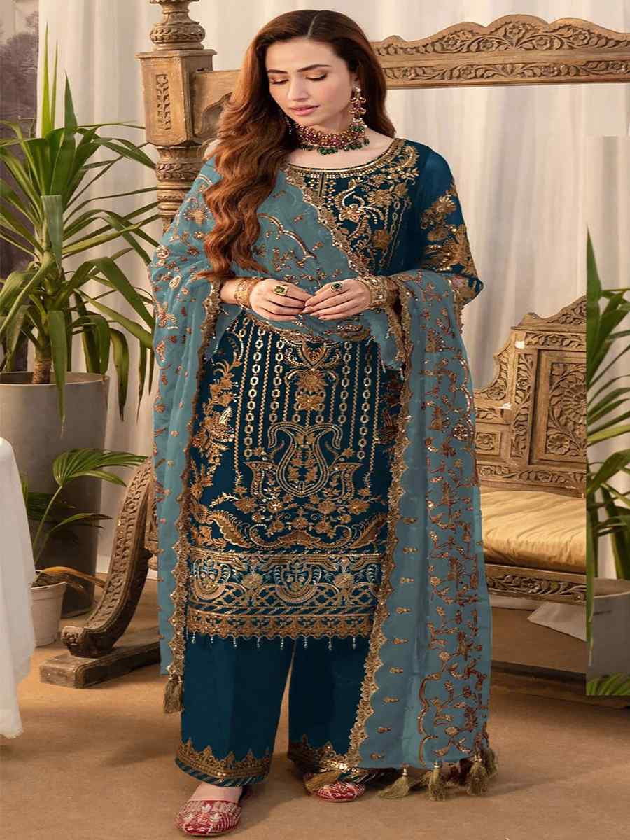 Teal Blue Faux Georgette Embroidered Festival Wedding Pant Salwar Kameez