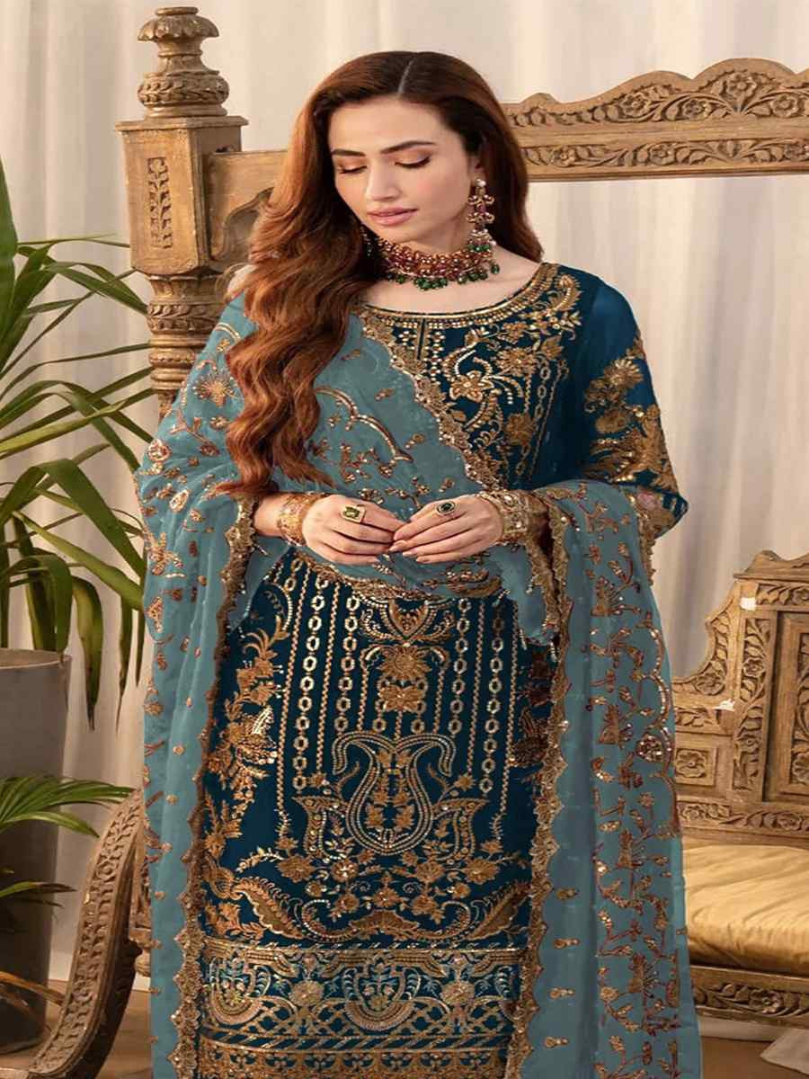 Teal Blue Faux Georgette Embroidered Festival Wedding Pant Salwar Kameez