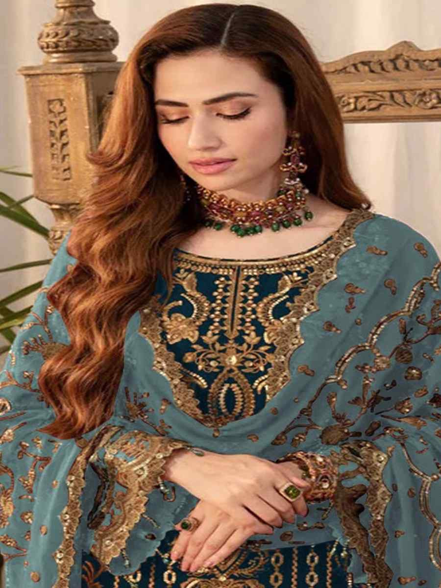 Teal Blue Faux Georgette Embroidered Festival Wedding Pant Salwar Kameez