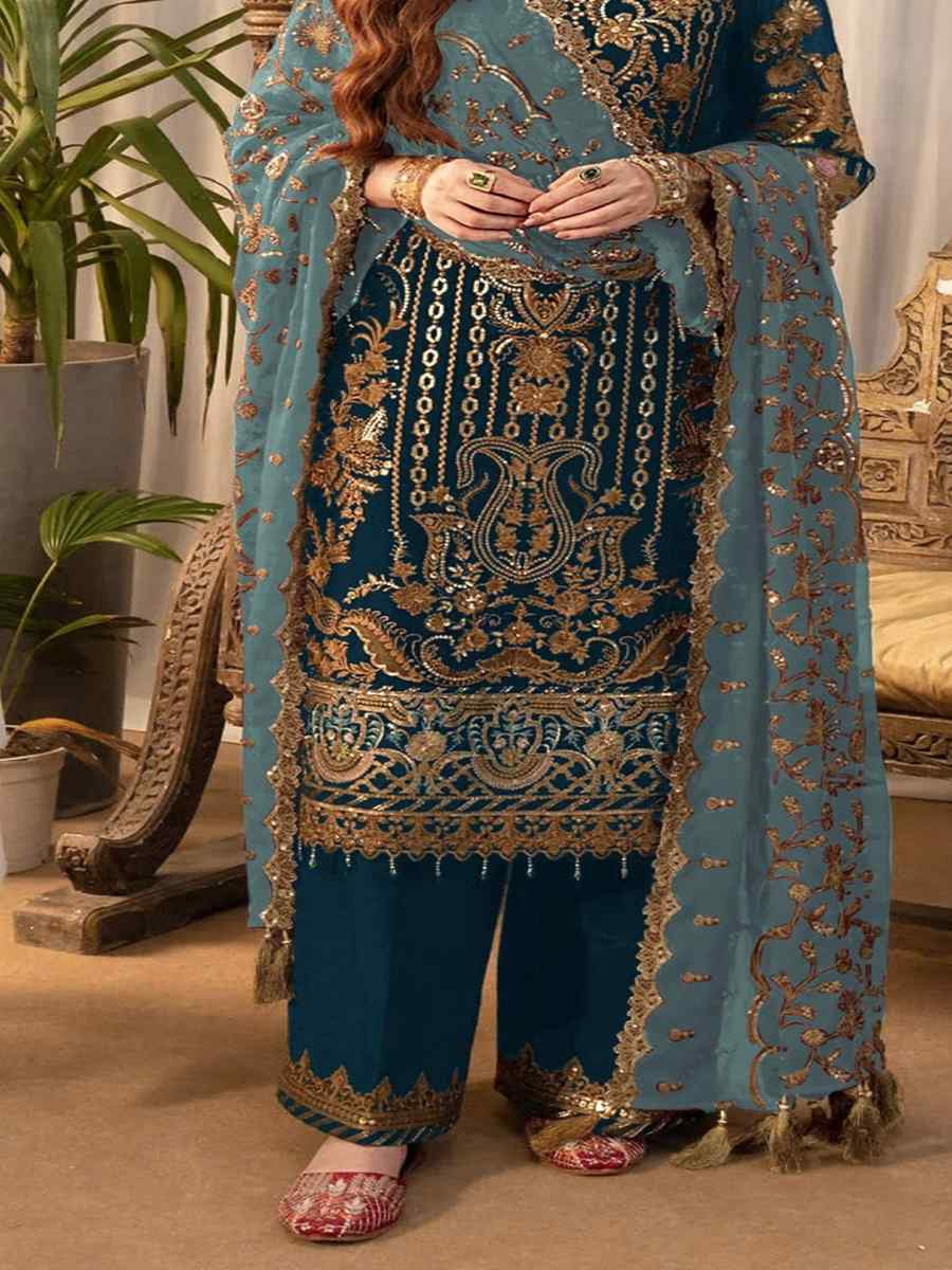 Teal Blue Faux Georgette Embroidered Festival Wedding Pant Salwar Kameez