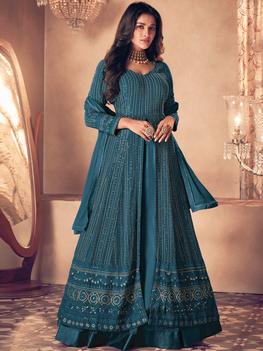 Teal Blue Faux Georgette Embroidered Party Lawn Kameez with Palazzo Pant