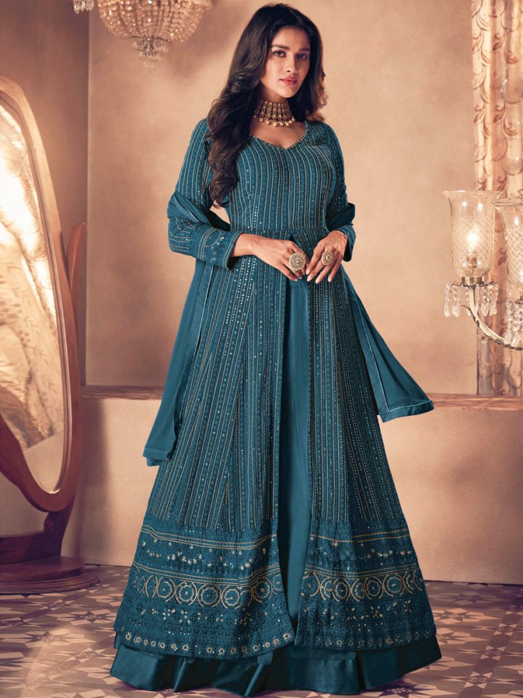 Teal Blue Faux Georgette Embroidered Party Lawn Kameez with Palazzo Pant