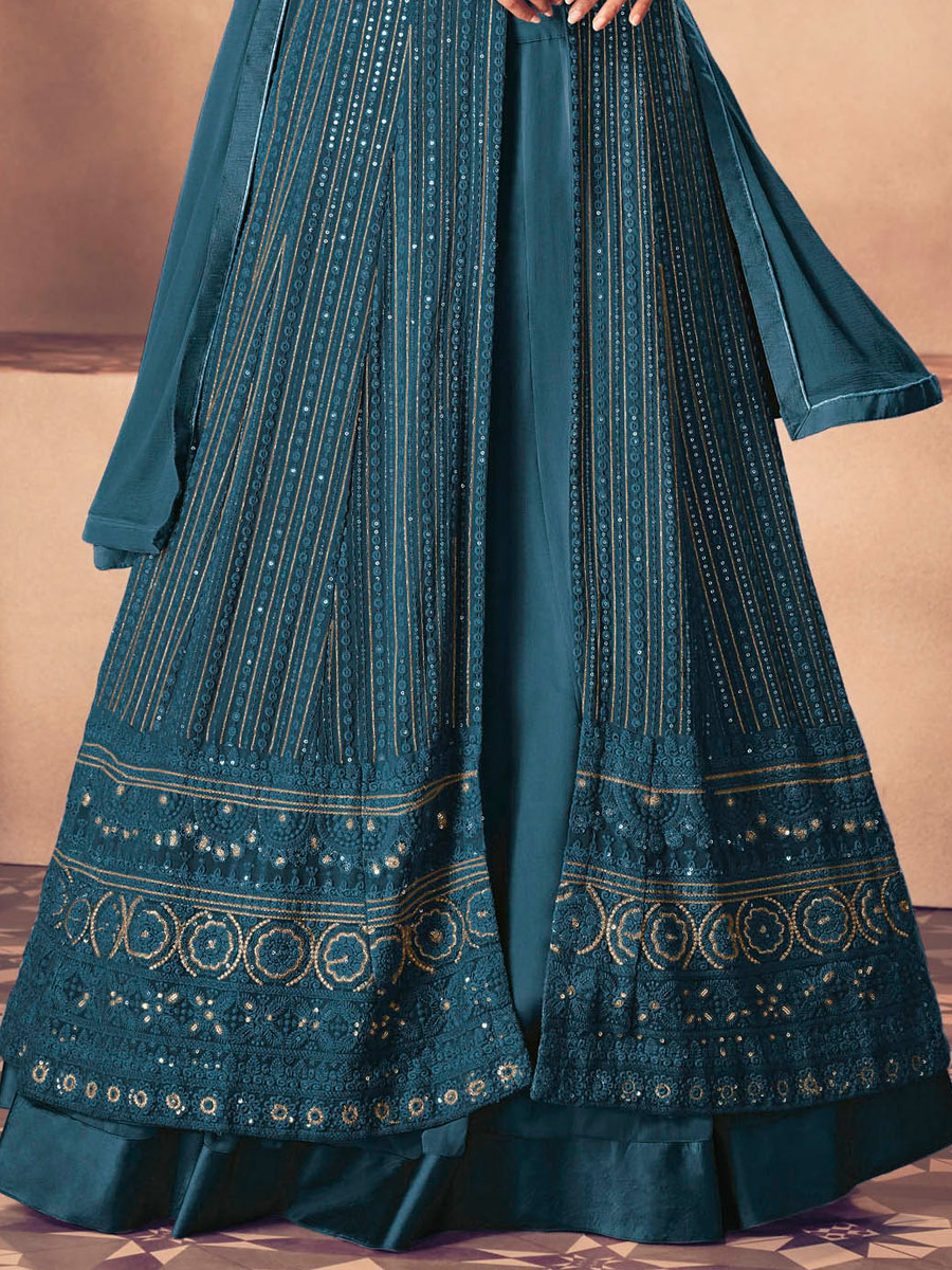 Teal Blue Faux Georgette Embroidered Party Lawn Kameez with Palazzo Pant