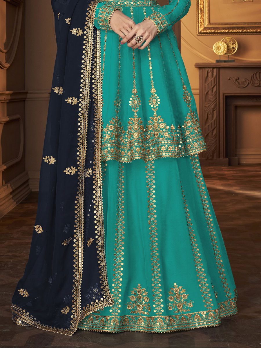 Teal Blue Faux Georgette Embroidered Party Sharara Pant Kameez