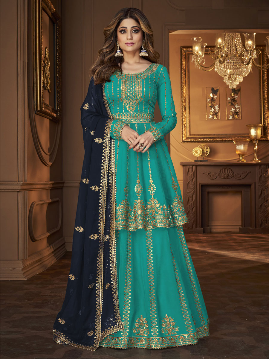 Teal Blue Faux Georgette Embroidered Party Sharara Pant Kameez
