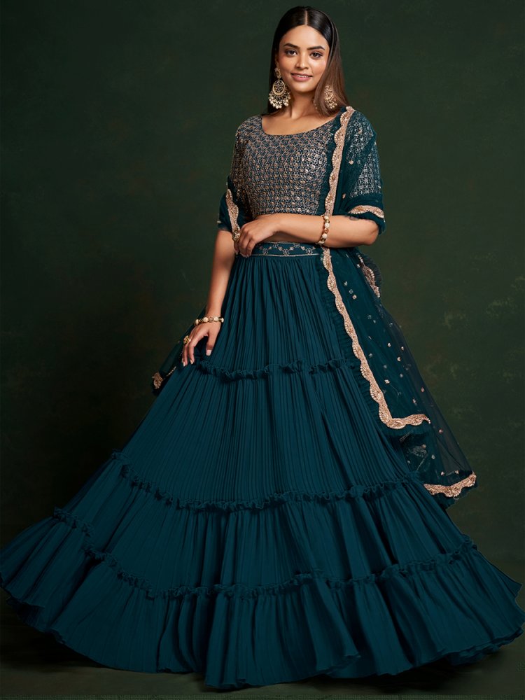 Teal Blue Faux Georgette Embroidered Party Wear Wedding Circular Lehenga Choli