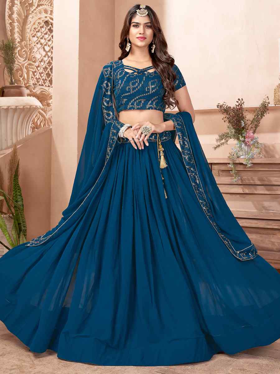 Teal Blue Faux Georgette Embroidered Sequins Festival Party Wear Circular Lehenga Choli
