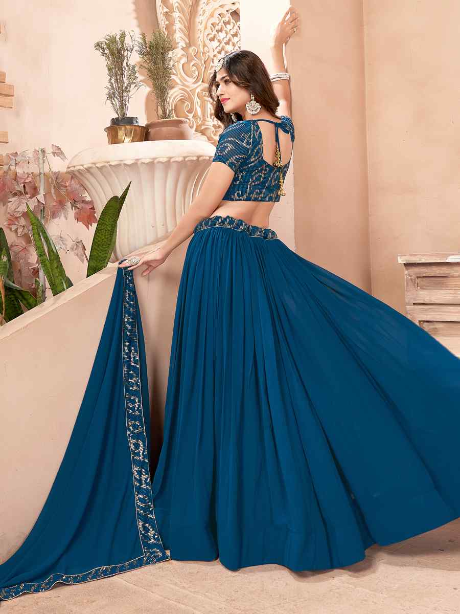 Teal Blue Faux Georgette Embroidered Sequins Festival Party Wear Circular Lehenga Choli