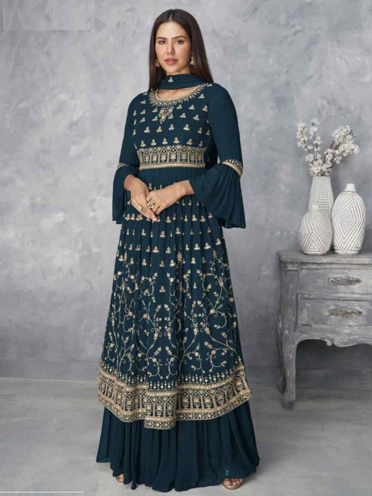 Teal Blue Faux Georgette Embroidered Stone Wedding Festival Cape Style Salwar Kameez