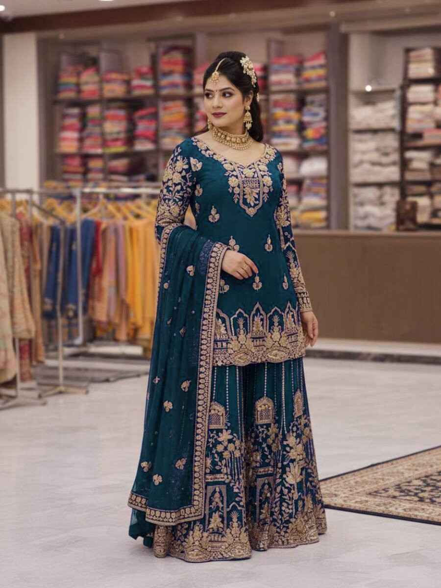 Teal Blue Faux Georgette Embroidery Zari Sequins Wedding Party Festival Casual Palazzo Pant Salwar Kameez