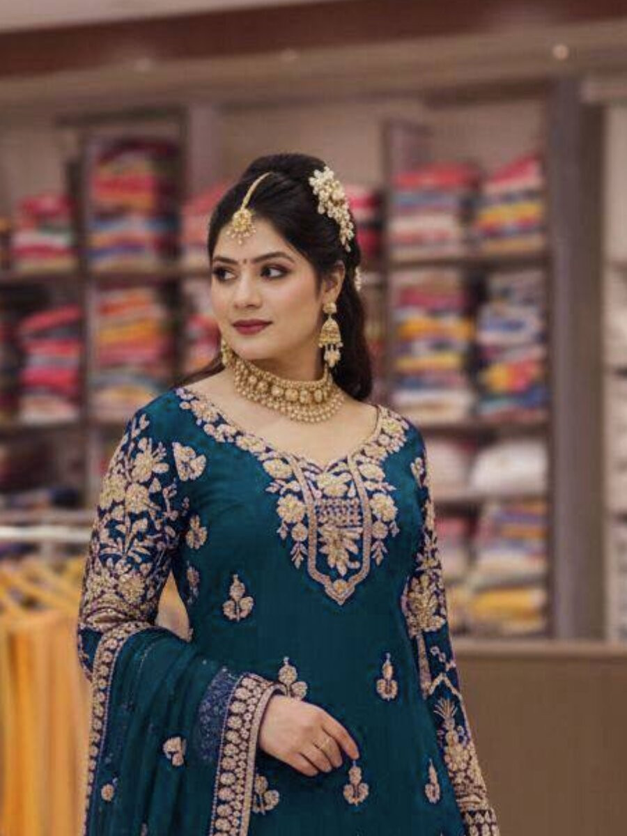 Teal Blue Faux Georgette Embroidery Zari Sequins Wedding Party Festival Casual Palazzo Pant Salwar Kameez