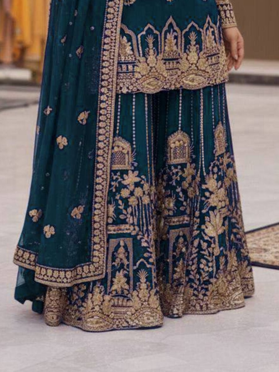 Teal Blue Faux Georgette Embroidery Zari Sequins Wedding Party Festival Casual Palazzo Pant Salwar Kameez