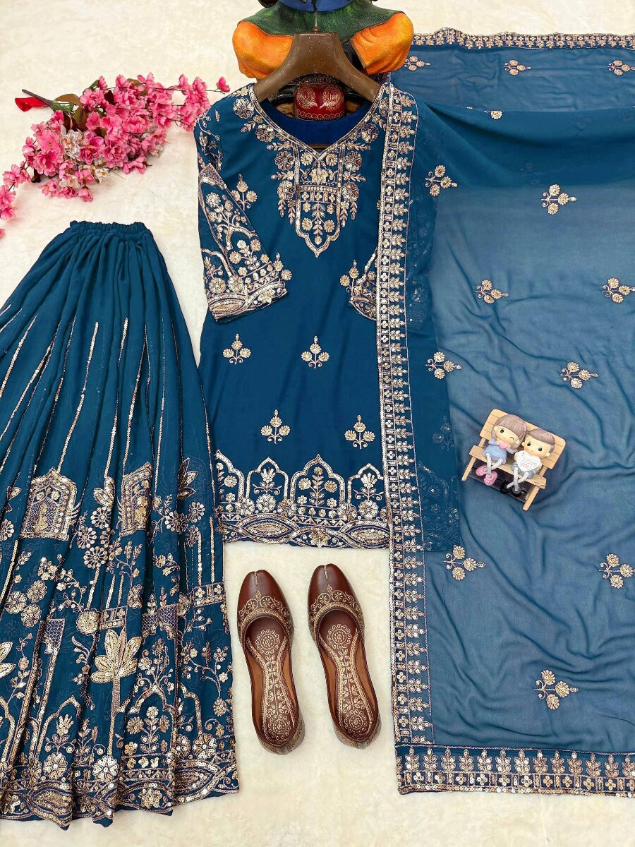 Teal Blue Faux Georgette Embroidery Zari Sequins Wedding Party Festival Casual Palazzo Pant Salwar Kameez