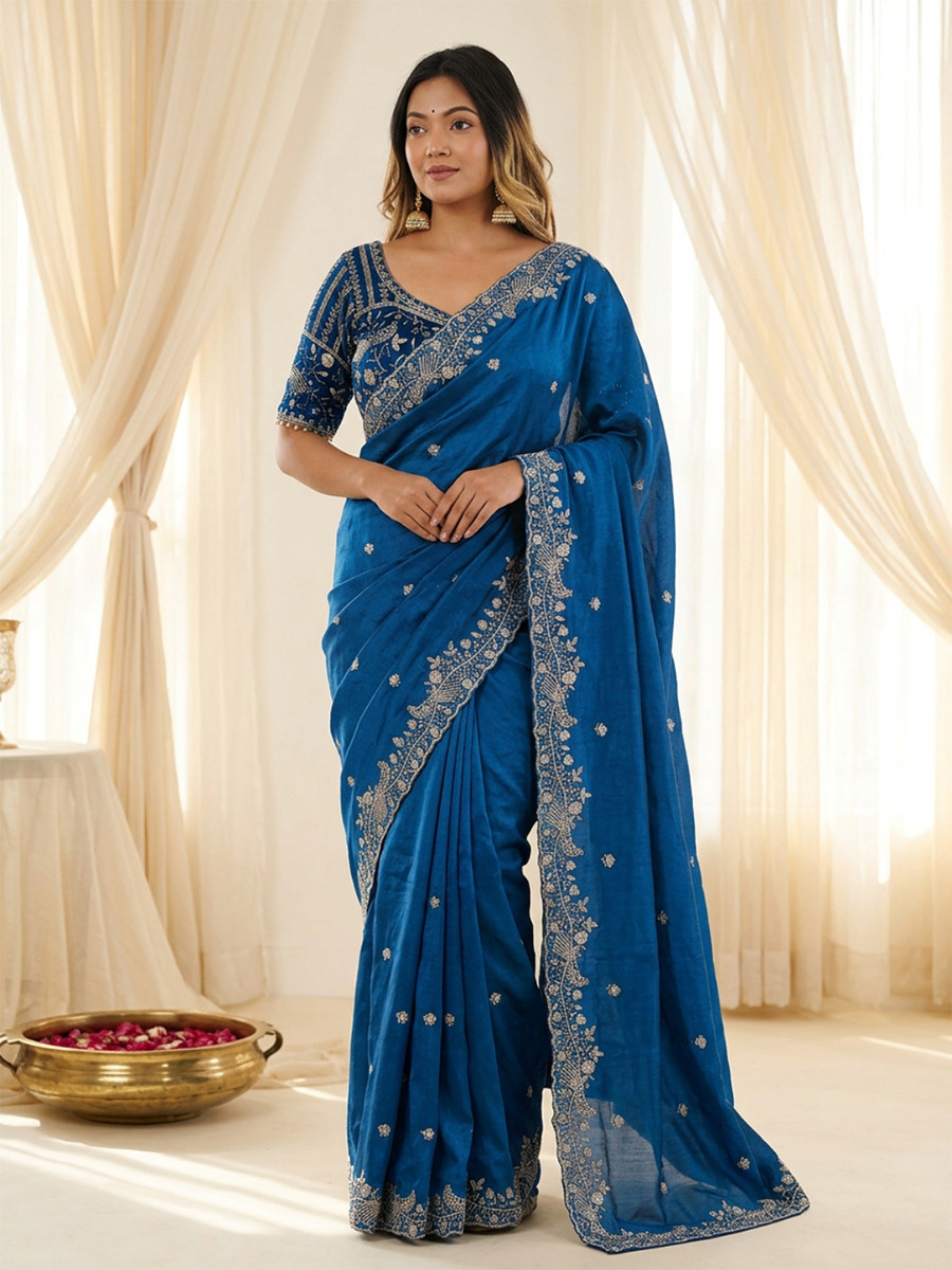 Teal Blue Fendy Satin Designer Embroidery Wedding Reception Party Festival Casual Heavy Border Sarees