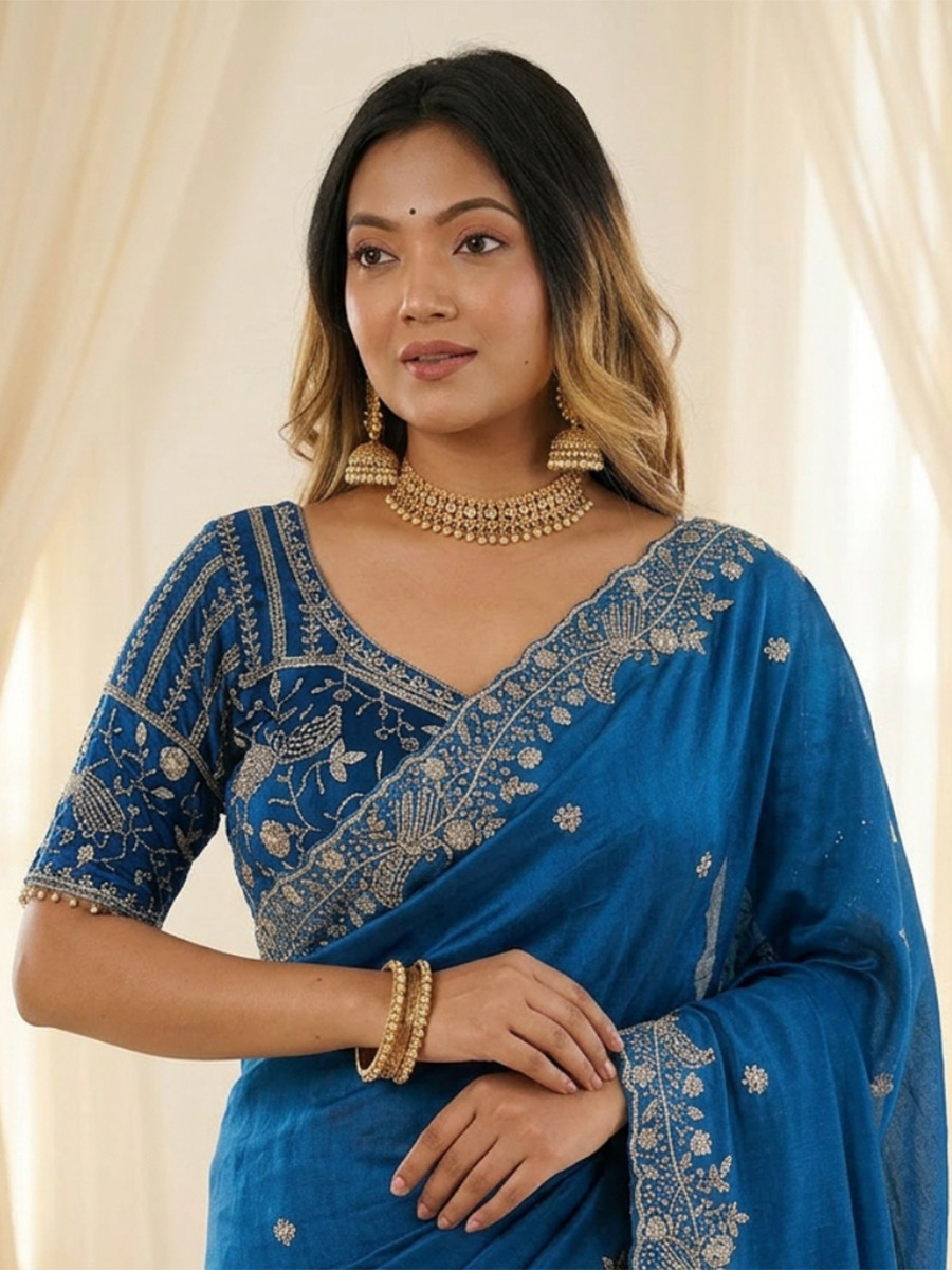 Teal Blue Fendy Satin Designer Embroidery Wedding Reception Party Festival Casual Heavy Border Sarees