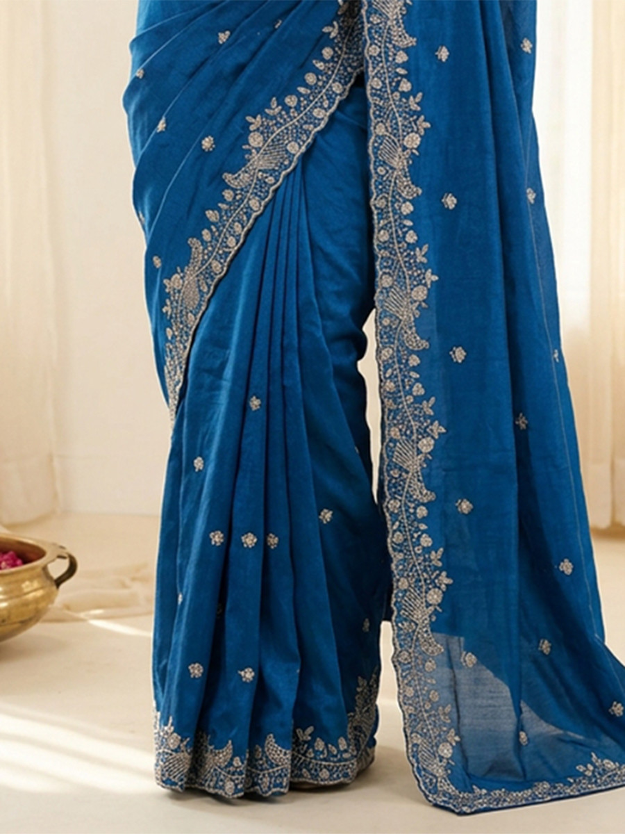 Teal Blue Fendy Satin Designer Embroidery Wedding Reception Party Festival Casual Heavy Border Sarees