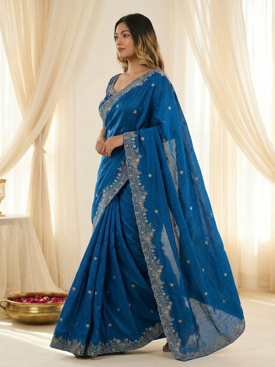 Teal Blue Fendy Satin Designer Embroidery Wedding Reception Party Festival Casual Heavy Border Sarees