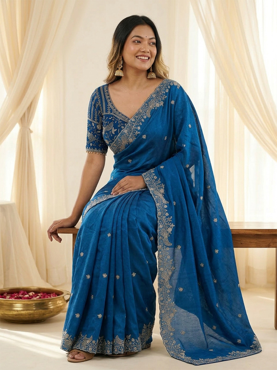 Teal Blue Fendy Satin Designer Embroidery Wedding Reception Party Festival Casual Heavy Border Sarees