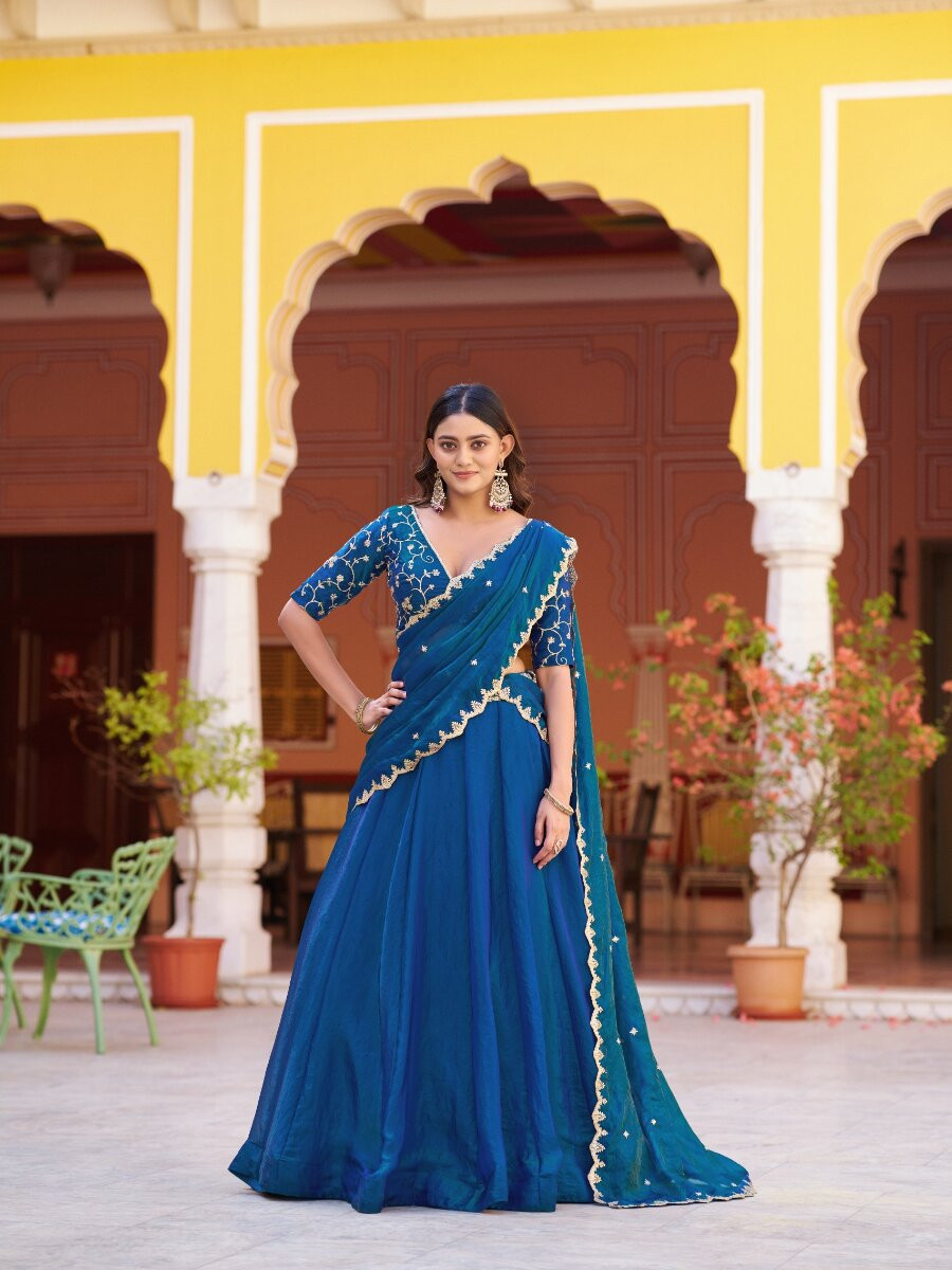 Teal Blue Fendy Silk Embroidery Sequins Wedding Reception Party Festival Circular Lehenga Choli