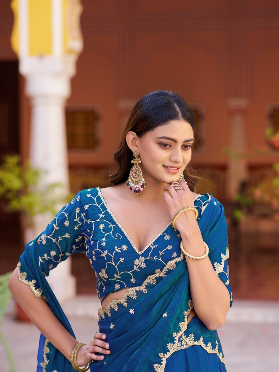 Teal Blue Fendy Silk Embroidery Sequins Wedding Reception Party Festival Circular Lehenga Choli