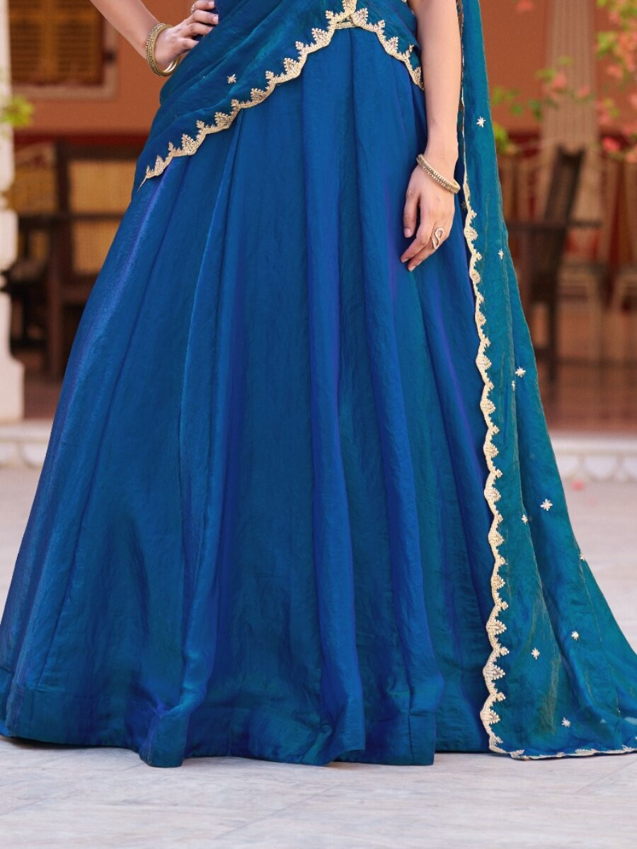 Teal Blue Fendy Silk Embroidery Sequins Wedding Reception Party Festival Circular Lehenga Choli