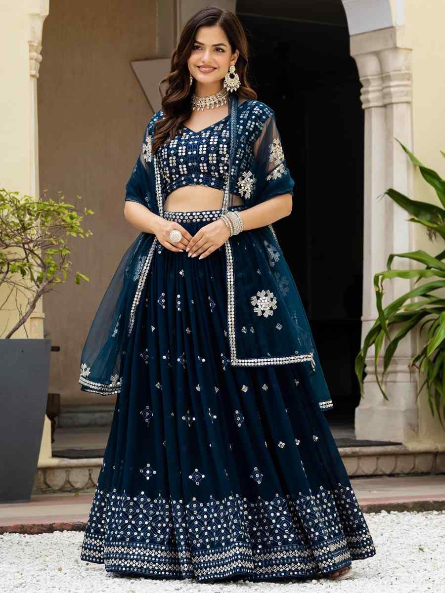 Teal Blue Georgette  Embroidered Wedding Reception Festival Heavy Border Lehenga Choli