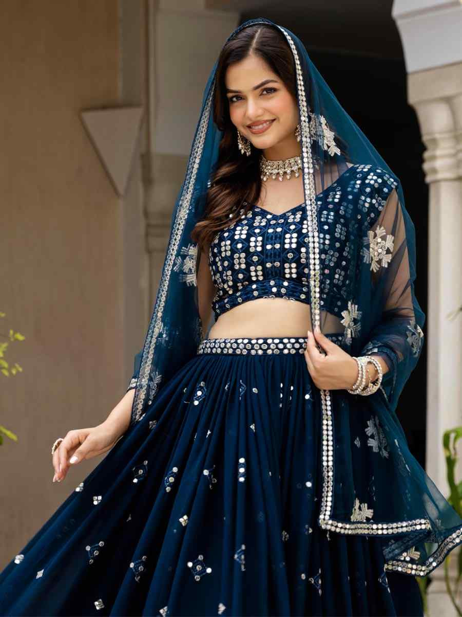 Teal Blue Georgette  Embroidered Wedding Reception Festival Heavy Border Lehenga Choli