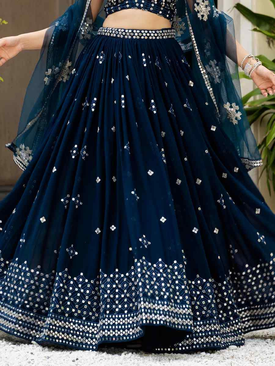 Teal Blue Georgette  Embroidered Wedding Reception Festival Heavy Border Lehenga Choli