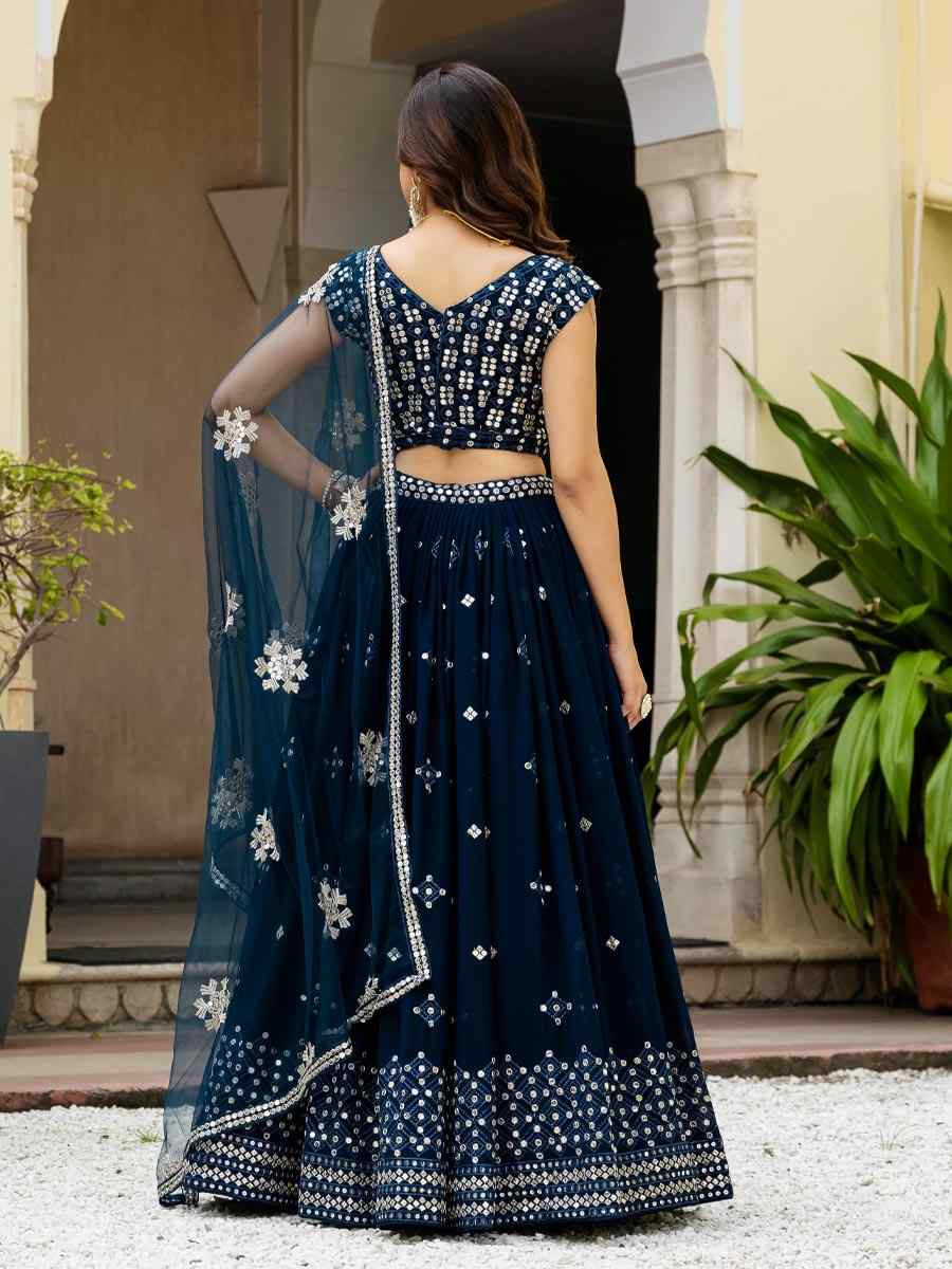 Teal Blue Georgette  Embroidered Wedding Reception Festival Heavy Border Lehenga Choli