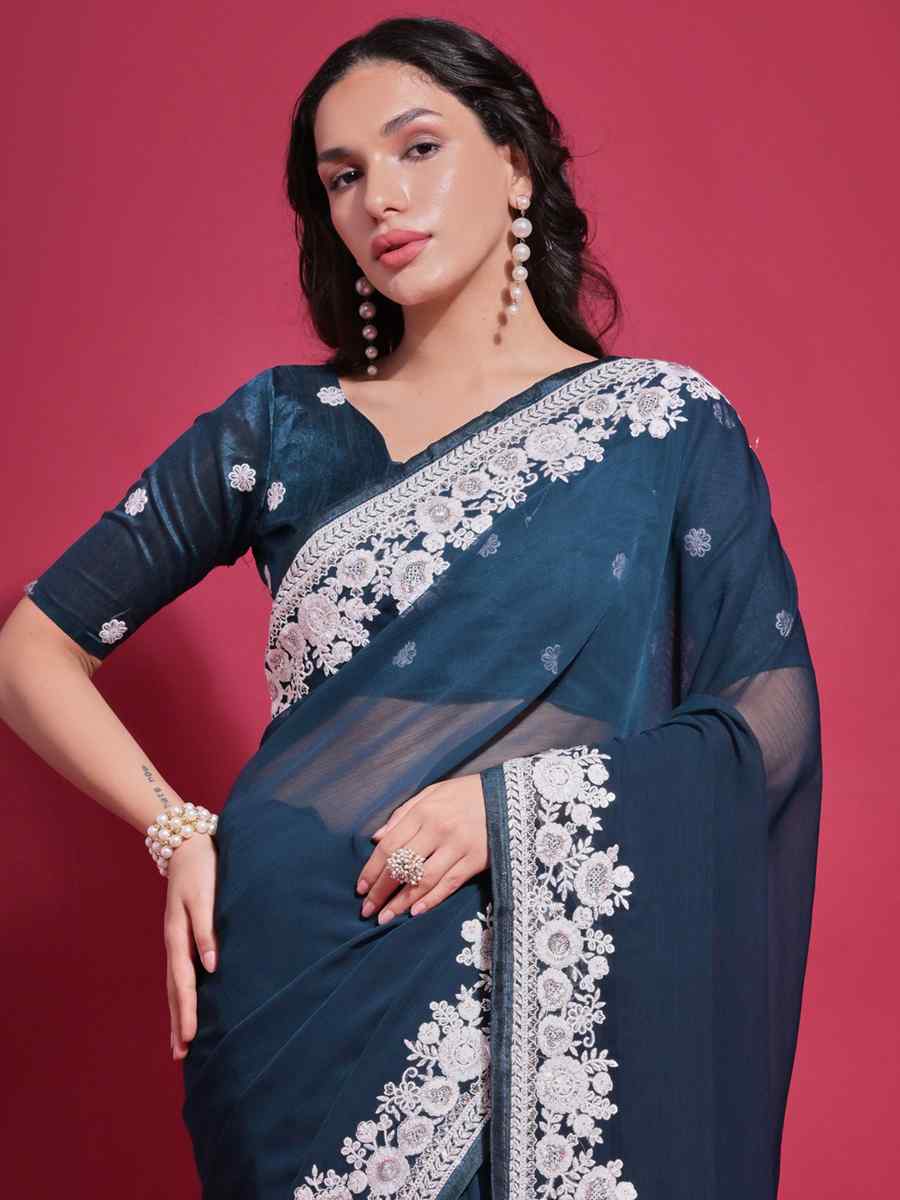 Teal Blue Georgette Embroidered Bridesmaid Reception Heavy Border Saree