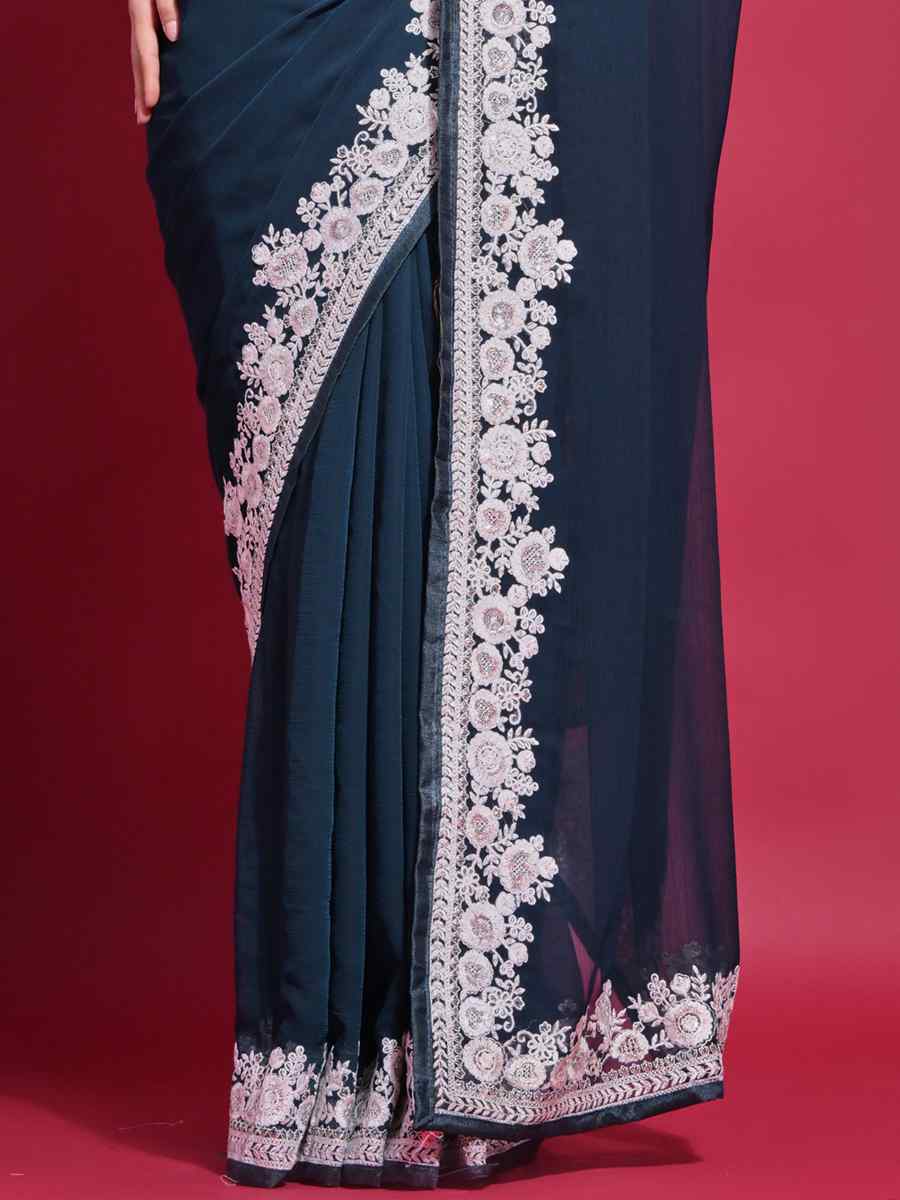 Teal Blue Georgette Embroidered Bridesmaid Reception Heavy Border Saree