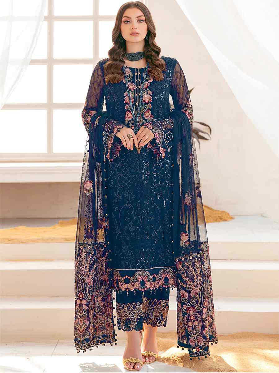 Teal Blue Georgette Embroidered Festival Party Pant Salwar Kameez