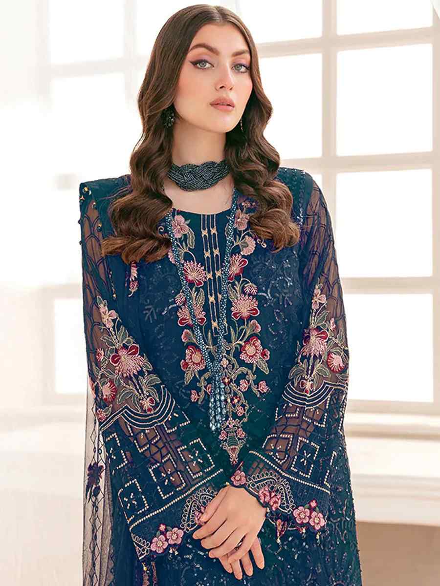 Teal Blue Georgette Embroidered Festival Party Pant Salwar Kameez