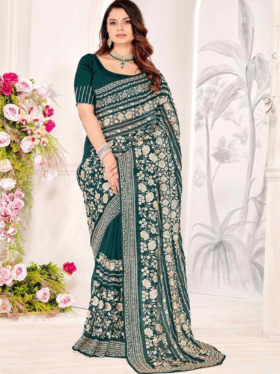 Teal Blue Georgette Embroidered Festival Wedding Fancy Heavy Border Saree