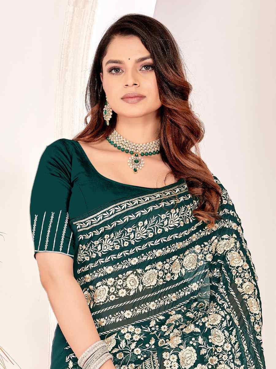 Teal Blue Georgette Embroidered Festival Wedding Fancy Heavy Border Saree