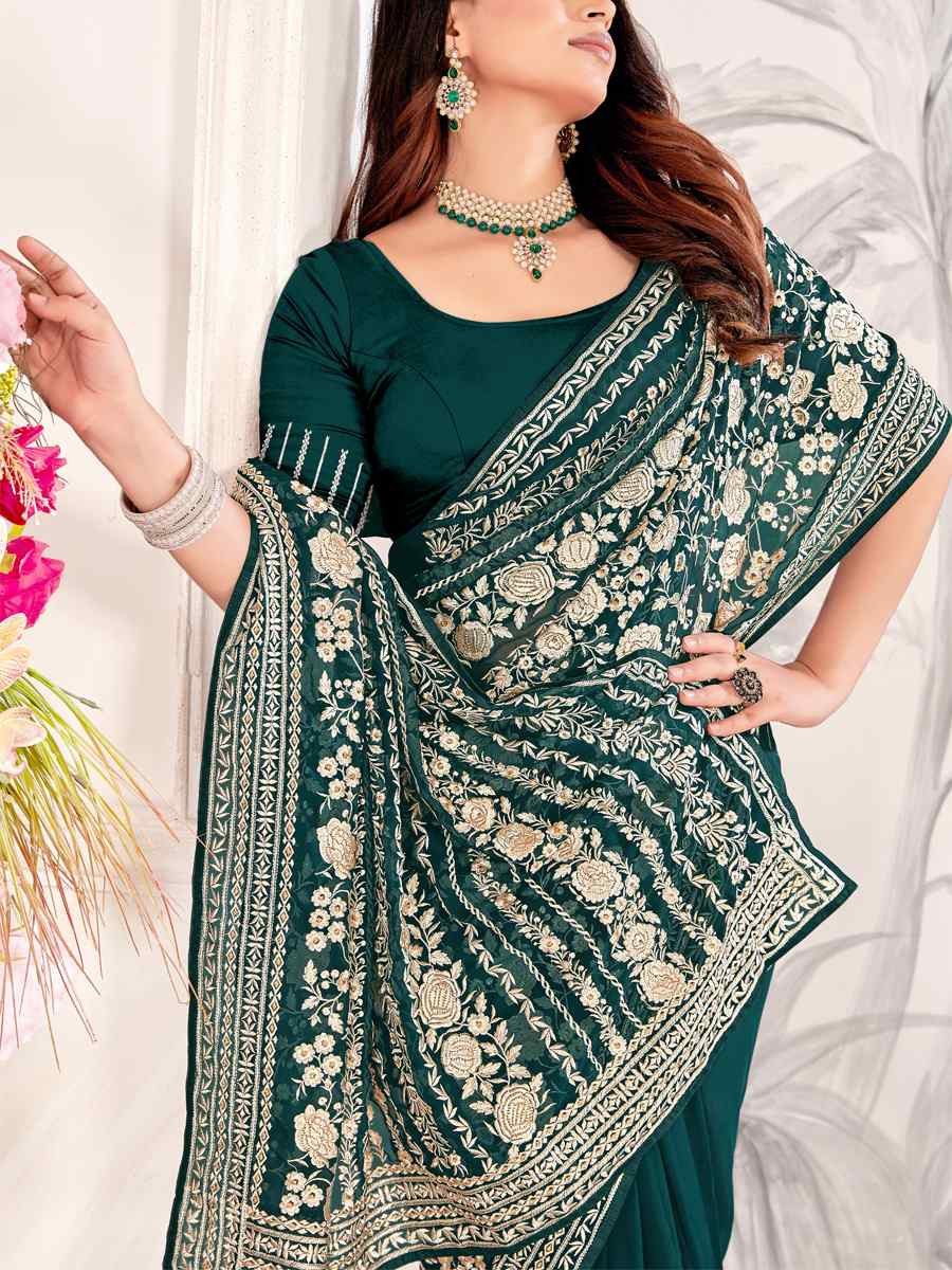 Teal Blue Georgette Embroidered Festival Wedding Fancy Heavy Border Saree