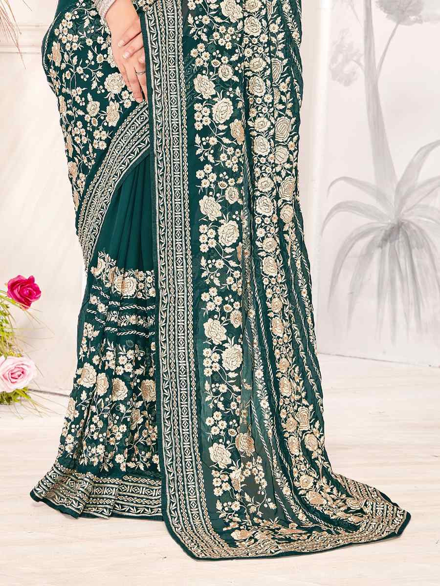 Teal Blue Georgette Embroidered Festival Wedding Fancy Heavy Border Saree