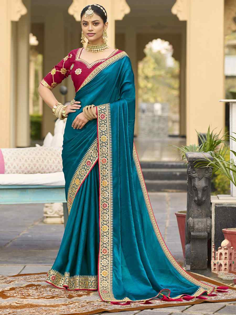 Teal Blue Georgette Embroidered Festival Wedding Fancy Heavy Border Saree