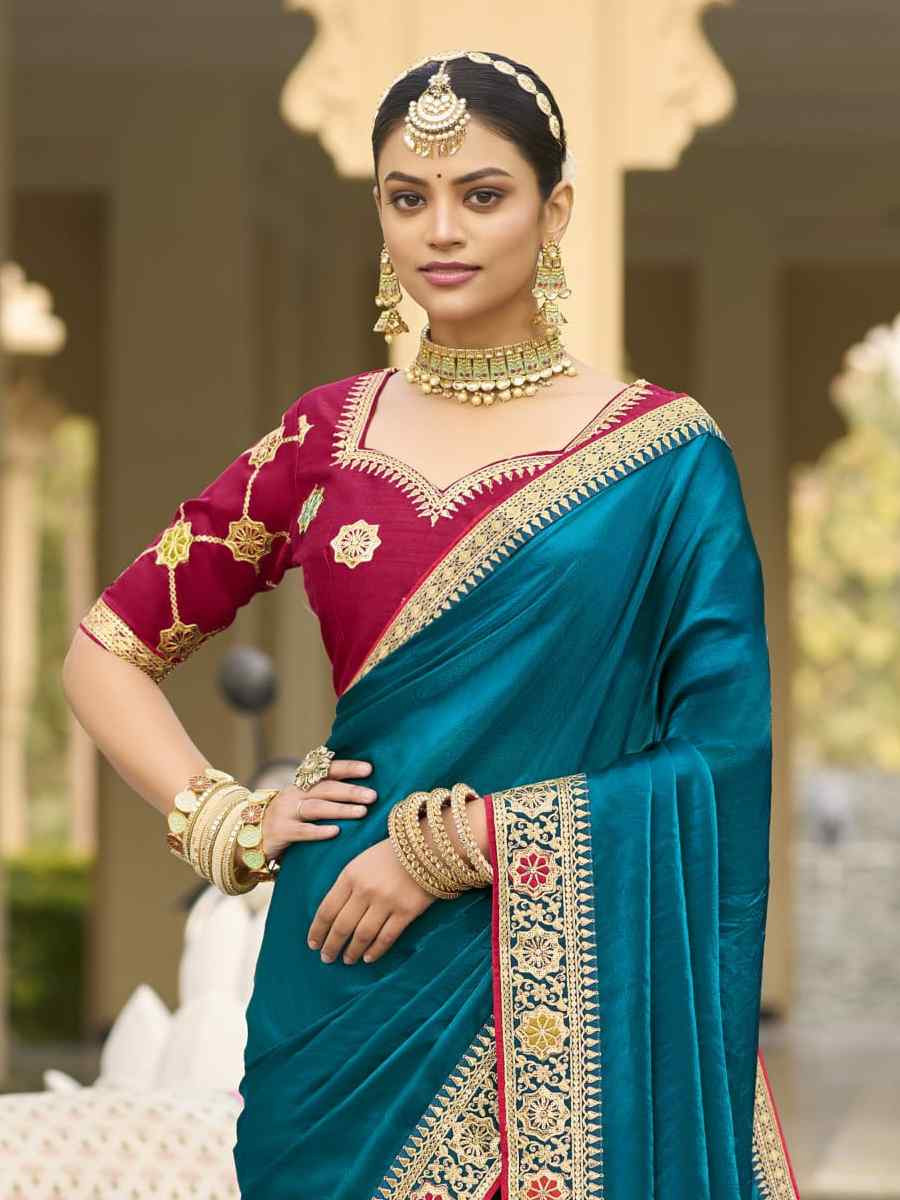 Teal Blue Georgette Embroidered Festival Wedding Fancy Heavy Border Saree