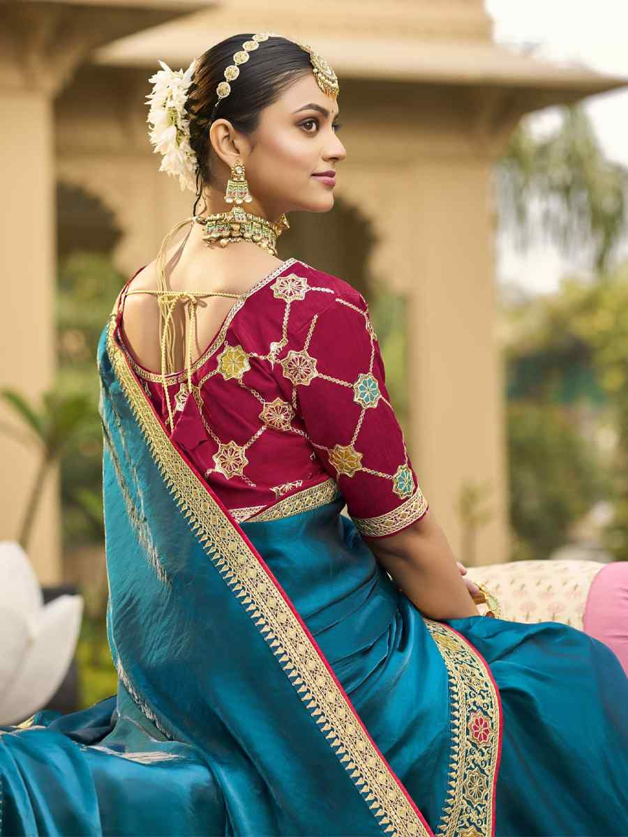 Teal Blue Georgette Embroidered Festival Wedding Fancy Heavy Border Saree