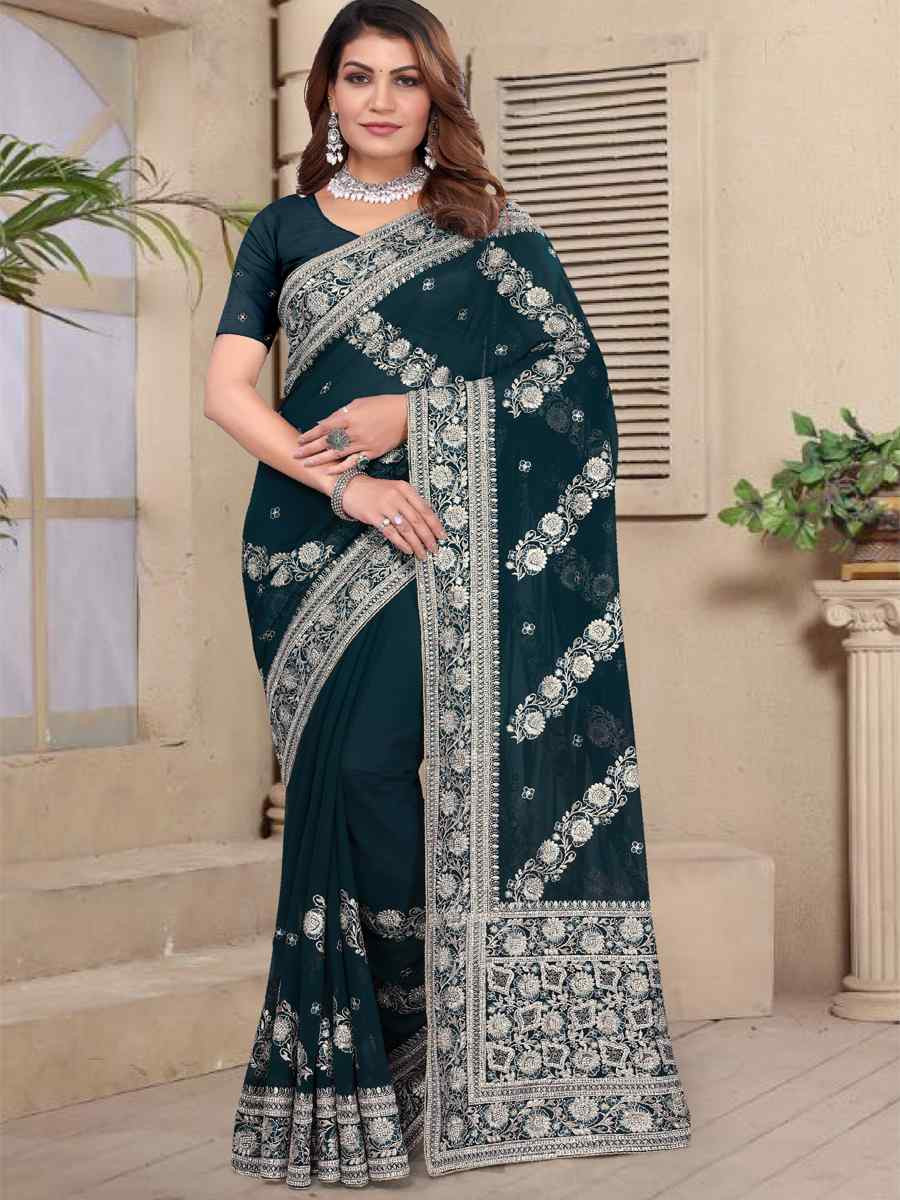 Teal Blue Georgette Embroidered Festival Wedding Fancy Heavy Border Saree