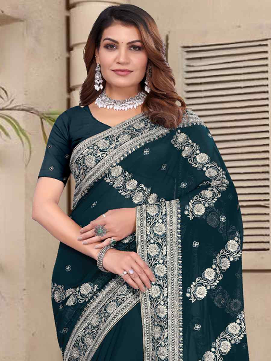 Teal Blue Georgette Embroidered Festival Wedding Fancy Heavy Border Saree