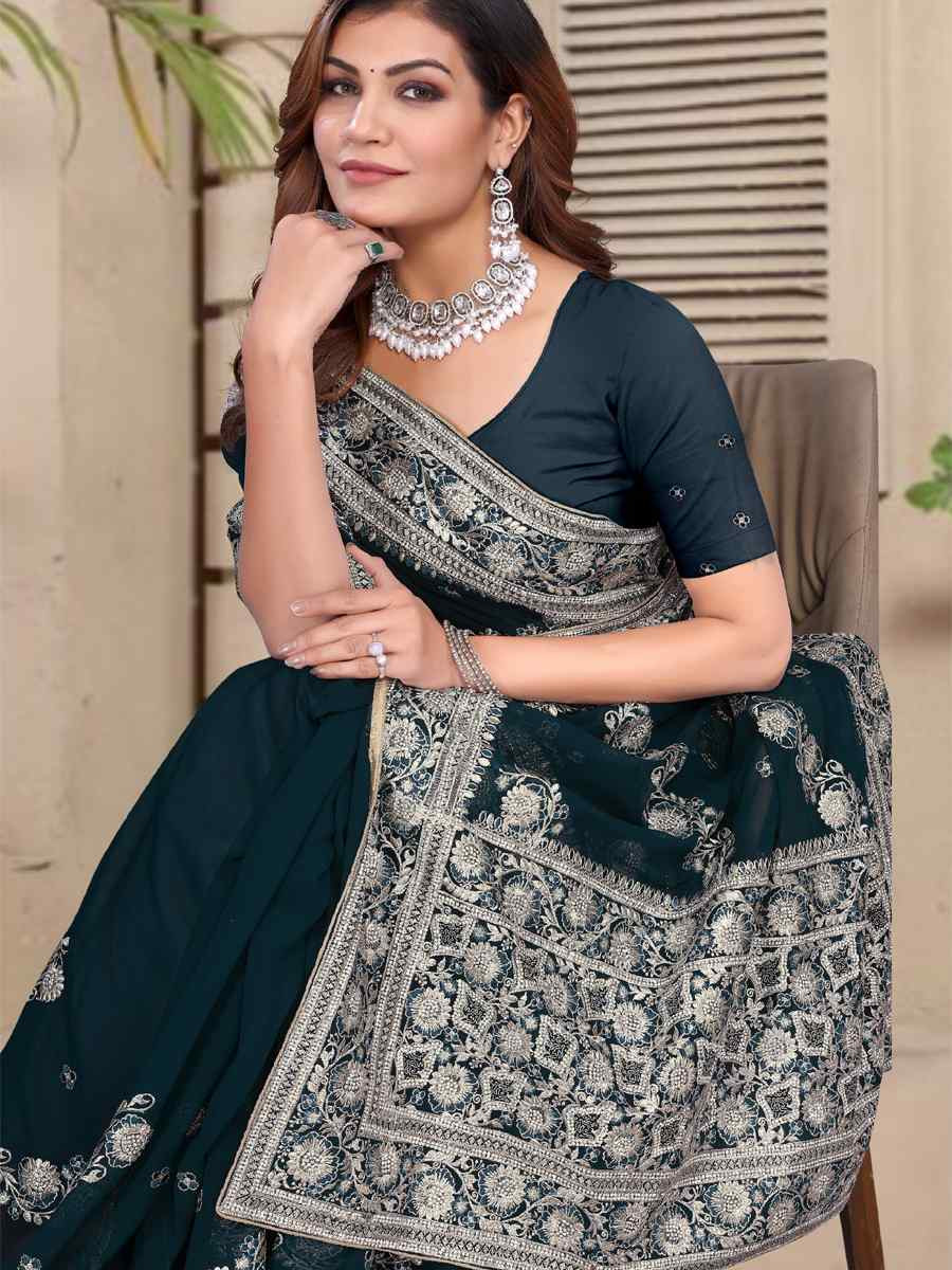 Teal Blue Georgette Embroidered Festival Wedding Fancy Heavy Border Saree