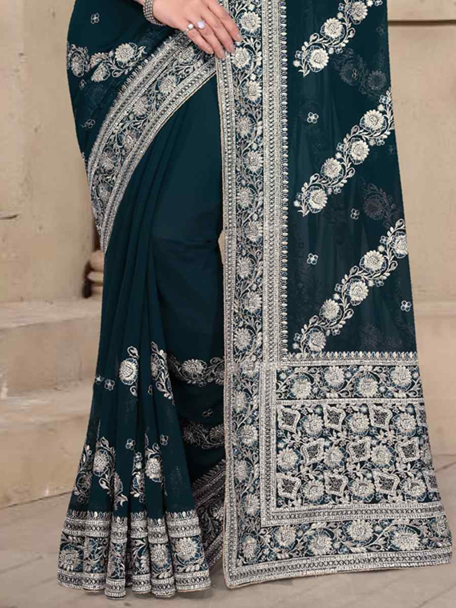 Teal Blue Georgette Embroidered Festival Wedding Fancy Heavy Border Saree