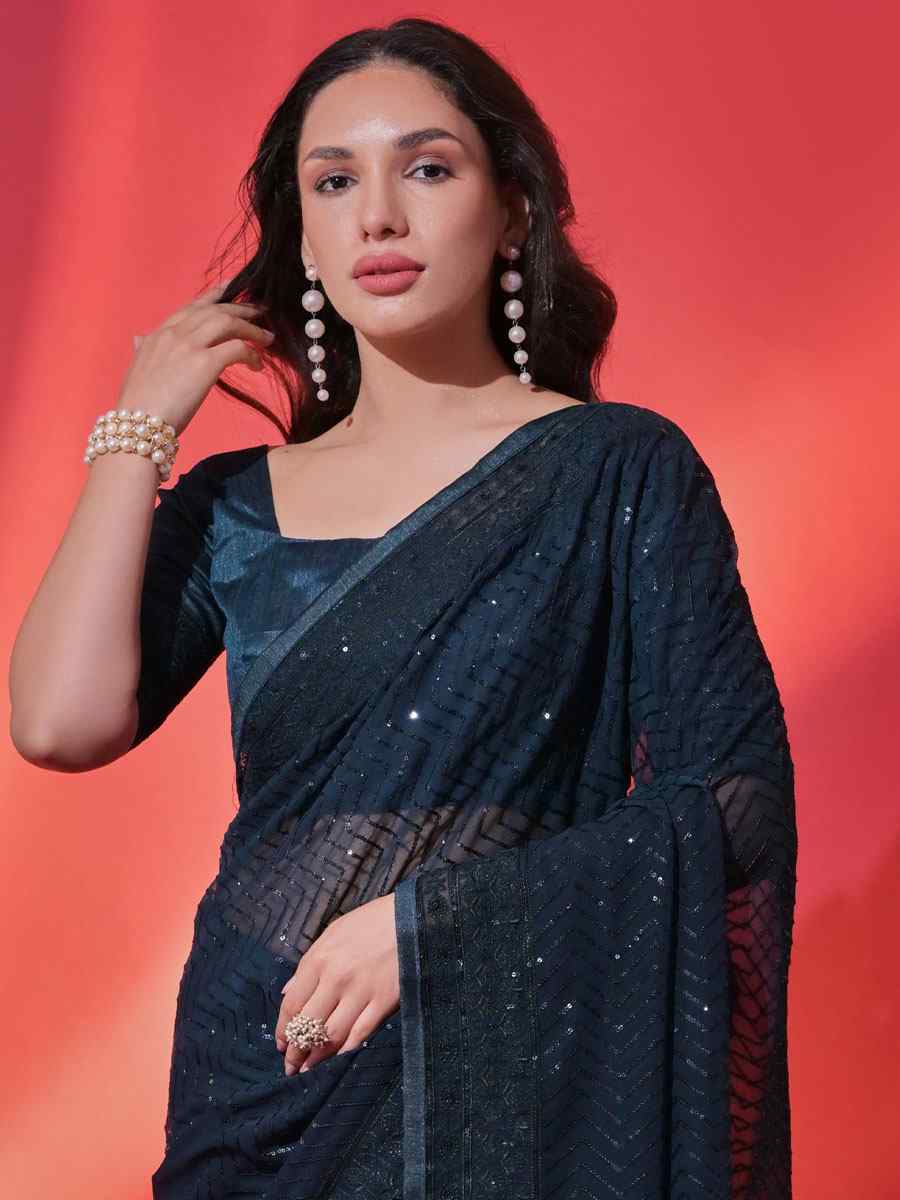Teal Blue Georgette Embroidered Party Reception Heavy Border Saree