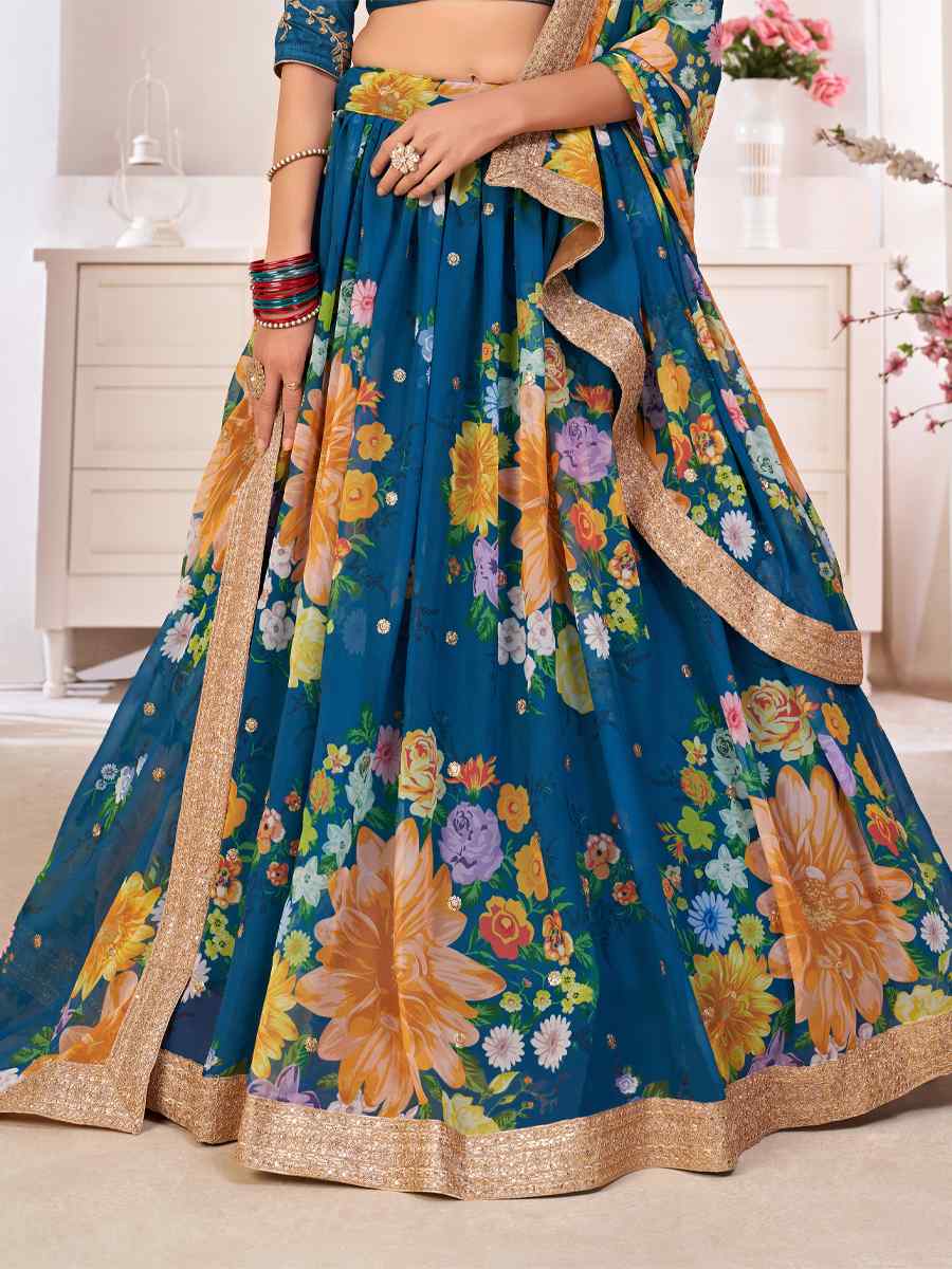 Teal Blue Georgette Embroidered Printed Sequins Wedding Festival Traditional Lehenga Choli