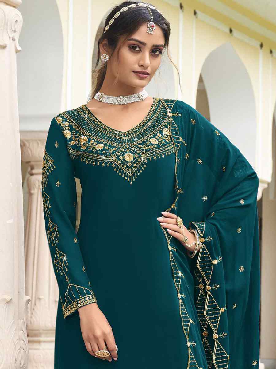 Teal Blue Georgette Embroidered Wedding Festival Sharara Pant Salwar Kameez